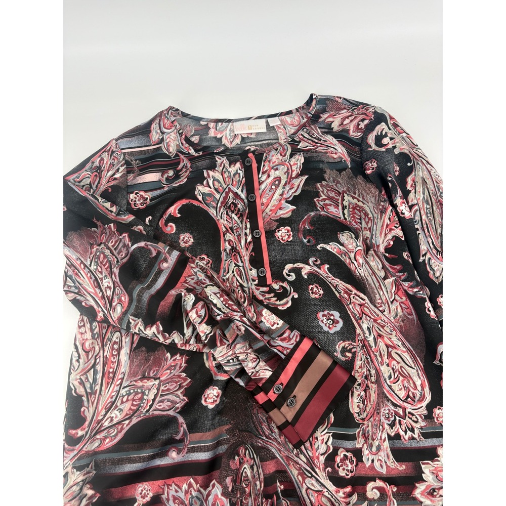 Belle Kim Gravel Paisley Print Long Sleeve Button Up Tunic Top Women's M